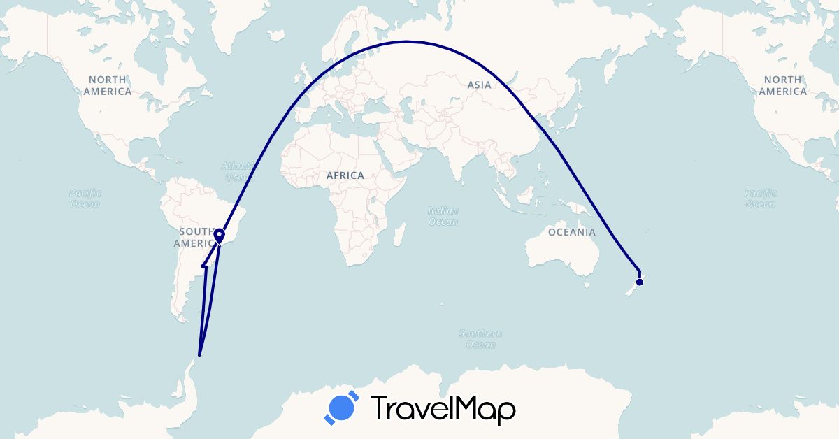 TravelMap itinerary: driving in Argentina, Brazil, China, Falkland Islands, United Kingdom, New Zealand, Uruguay (Asia, Europe, Oceania, South America)